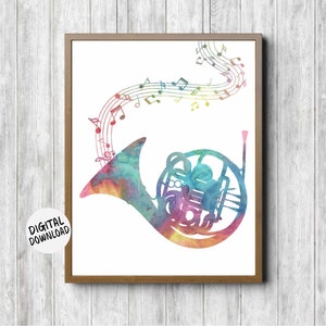 Printable Music Instrument Teacher Gift - Watercolor French Horn -Music Notes Poster - Multicolor/ Colorful Wall Art -Musician Gift