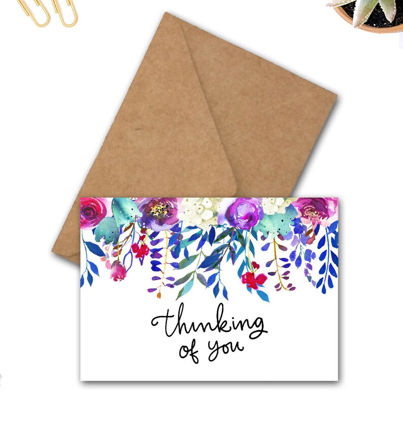 Thinking Of You Card With A Watercolor Floral Border Bright  Etsy