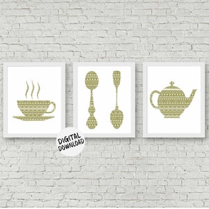 Printable Kitchen Wall Art - Set Of 3 Art Prints - Teacup/ Spoons / Teapot Poster - Zentangle Pattern