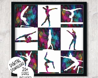 Womens gymnastiek print aquarel rasterontwerp, gymnastiek meisjes kamer/slaapzaal decor, afdrukbare sportposter vrouwelijke turnster, kleurrijke kunst aan de muur