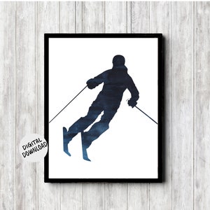 Printable Snow Skiing Wall Art - Downhill Skier - Navy Blue Winter Sport Decor For Teen Boy / Nursery/ Office - Ski Gift