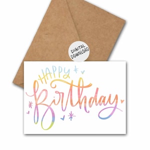 Tarjeta de cumpleaños imprimible de acuarela colorida - deseos de cumpleaños - tarjeta de tipografía para ella / amiga / niña multicolor