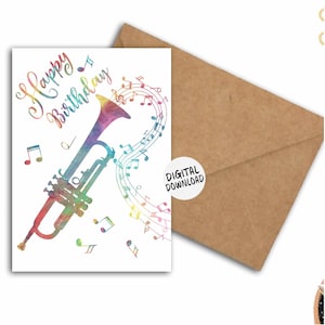 Tarjeta de feliz cumpleaños con trompeta para músico, amante de la música, maestro o estudiante. Tarjeta de deseos de cumpleaños con notas musicales para imprimir. PDF