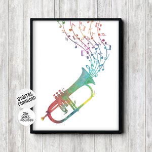 Printable Music Instrument Teacher Gift - Watercolor Flugelhorn Print -Music Notes Poster - Multicolor/ Colorful Wall Art -Musician Gift
