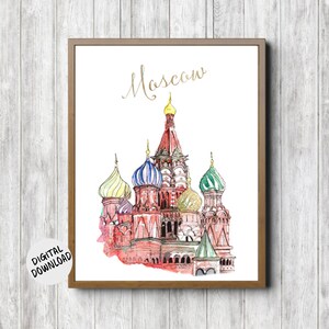 Watercolor Saint Basil&#39;s Cathedral Printable - Moscow Russia Wall Art - Travel Poster - Famous Landmark - Russian City Wall Decor