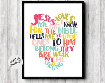 Kids / Childrens Printable Christian Hymn Wall Art - Jesus Loves Me This I know Baby Gift - Colorful Nursery Print- Sunday School Print