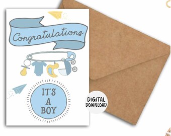 Félicitations, c’est une carte de vœux imprimable pour garçon - Nouveau-né bébé garçon - Baby Shower / Mom To Be Card - Carte bébé bleue - Carte de naissance