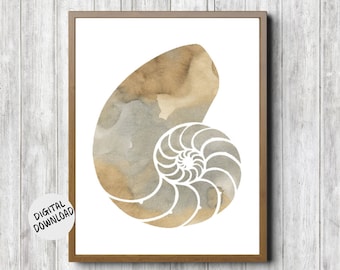 Aquarel Nautilus Sea Shell Art afdrukbare - beige/grijze muur kunst-neutraal kantoor/badkamer/kwekerij strand thema muur decor