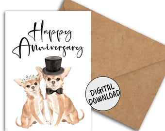 Printbare huwelijksverjaardagskaart met chihuahua's voor een stel | DIY 5x7 PDF, felicitatiekaart voor hondenliefhebbers