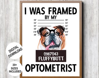 Afdrukbare mugshot van Engelse bulldog met bril muurkunst, ik was ingelijst woordspeling citaat optometrie poster, eigenzinnig interieur optometrist cadeau