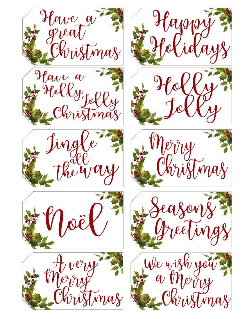 Printable Christmas Gift Tags With Holly Leaves &amp; Berries Red - Etsy