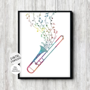 Printable Watercolor Trombone Art With Music Notes - Colorful Music Classroom Decor -Musical Teen Girl / Boy Bedroom Wall Art -Musician Gift