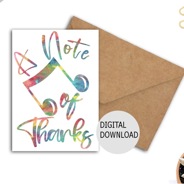 A Note Of Thanks Printable Thank You Card With Music Note For Music Teacher /Music Student - Music Pun Quote Appreciation Card For Musician