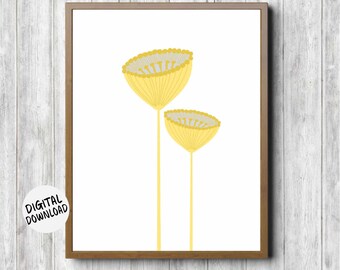 Yellow & Gray Wall Decor - Flower Printable Girls Room / Nursery Wall Art - Floral Kitchen Poster