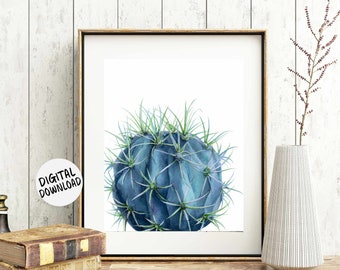 Watercolor Blue Cactus / Succulent Printable Wall Art - Botanical Office / Bathroom / Nursery /Kitchen Wall Decor - Modern Plant Print