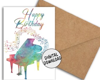 Verjaardagskaart voor pianist/muzikant/muziekliefhebber - afdrukbare kaart piano en muzieknoten - verjaardagswensen - cadeau muziekleraar