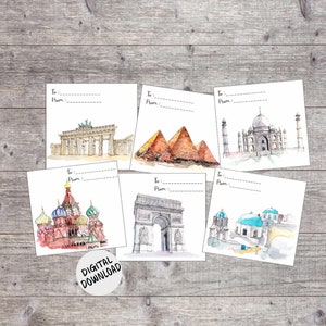 Etiquettes cadeaux de voyage imprimables - Sites célèbres - Etiquettes cadeaux villes du monde - Berlin/Pyramides/Taj Mahal/Moscou/Paris/Santorin Papeterie