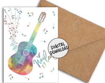 Afdrukbare kaart Nailed It Recognition met akoestische gitaar en muzieknoten voor muzikant/muziekstudent/gitarist- geslaagd voor examenprestatie