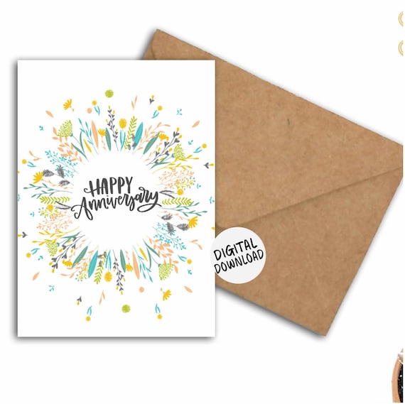 Happy Anniversary Card For Wife / Parents / Friends -Simple Card -Floral Wreath -Printable 5 x 7 PDF