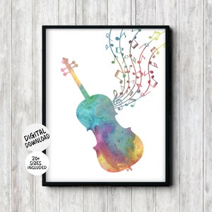 Watercolor Printable Cello Silhouette With Music Notes Wall Art - Gifts For Musician, Music Teacher Or Cellist - Kids Or Music Room Decor