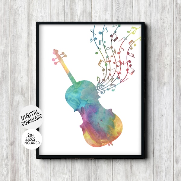 Aquarel afdrukbare cello silhouet met muzieknoten kunst aan de muur - cadeaus voor muzikant, muziekleraar of cellist - kinderen of muziek kamer decor