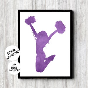 Printable Cheerleader Teen Girl Wall Art In Purple Watercolor, Cheer Coach Or Team Gift, Cheerleading College Dorm Decor, Instant Download