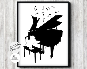 Piano Art Print With Cute Cats & Music Notes, Pianist / Piano Teacher Gift, Musical Wall Art For Studio / Nursery / Office, Quirky Musician