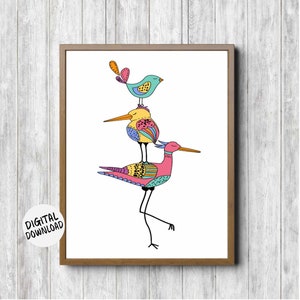 Whimsical Bird Wall Art Printable - Birds Girls Room / Nursery Print - Quirky Three Little Birds Poster - Bright Colors