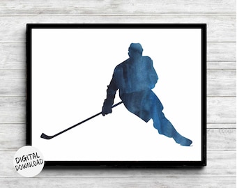 Ice Hockey Player Printable Silhouette Poster - Sports Wall Art Gift For Men / Teen Boys - Athlete Print