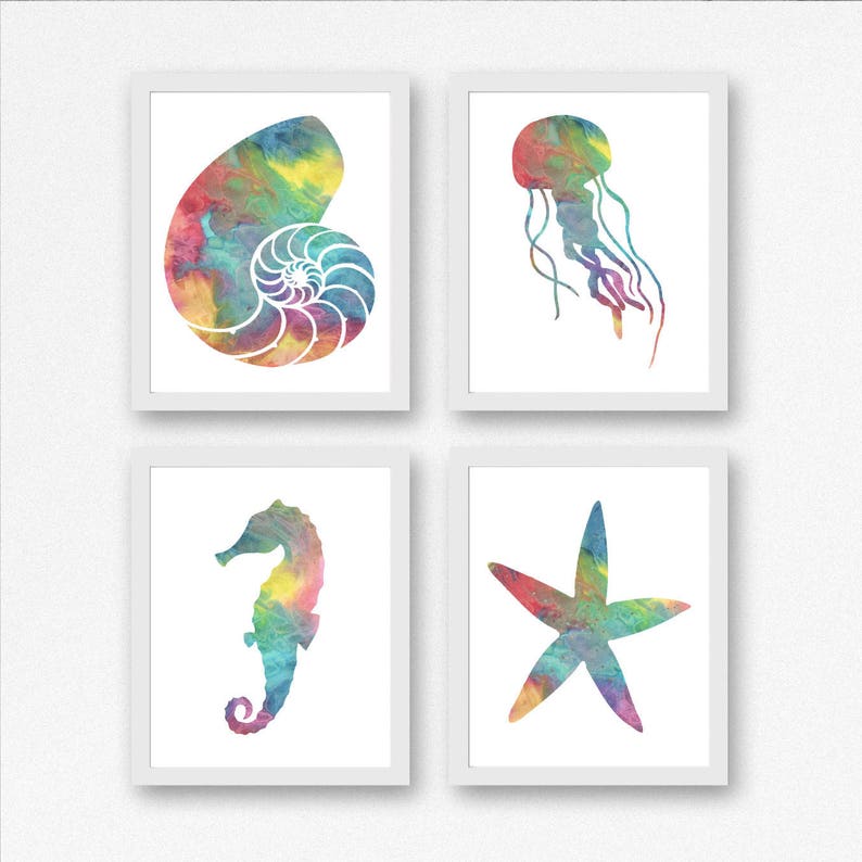 Printable 8 X 10 Set of 4 Sea Life Art Prints colorful | Etsy