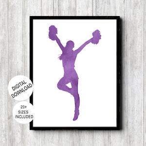 Cheerleading Poster In Purple Watercolor For Teen Girl Bedroom Or College Dorm Decor , Cheerleader Printable Wall Art, Cheer Team Gifts