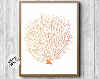 Afdrukbare aquarel waaier koraal muurkunst - oranje muur decor - zeekoraal kantoor muur kunst - zeedieren afdrukken