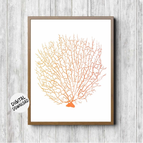 Printable Watercolor Fan Coral Wall Art - Orange Wall Decor - Sea Coral Office Wall Art - Sea Life Print