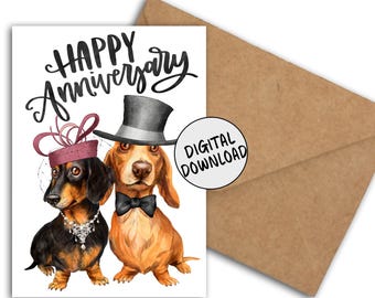 Afdrukbare trouwdagkaart voor stel met teckel, worsthondkaart DIY 5 x 7 pdf, gelukkige verjaardag met aquarel worstje hond