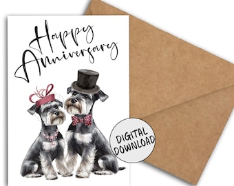 Gefeliciteerd met je jubileum! Kaart met miniatuurschnauzers voor een stel, vrouw, ouders of vrienden - Printbare huwelijksverjaardagskaart met honden (5 x 7 inch) in PDF-formaat.