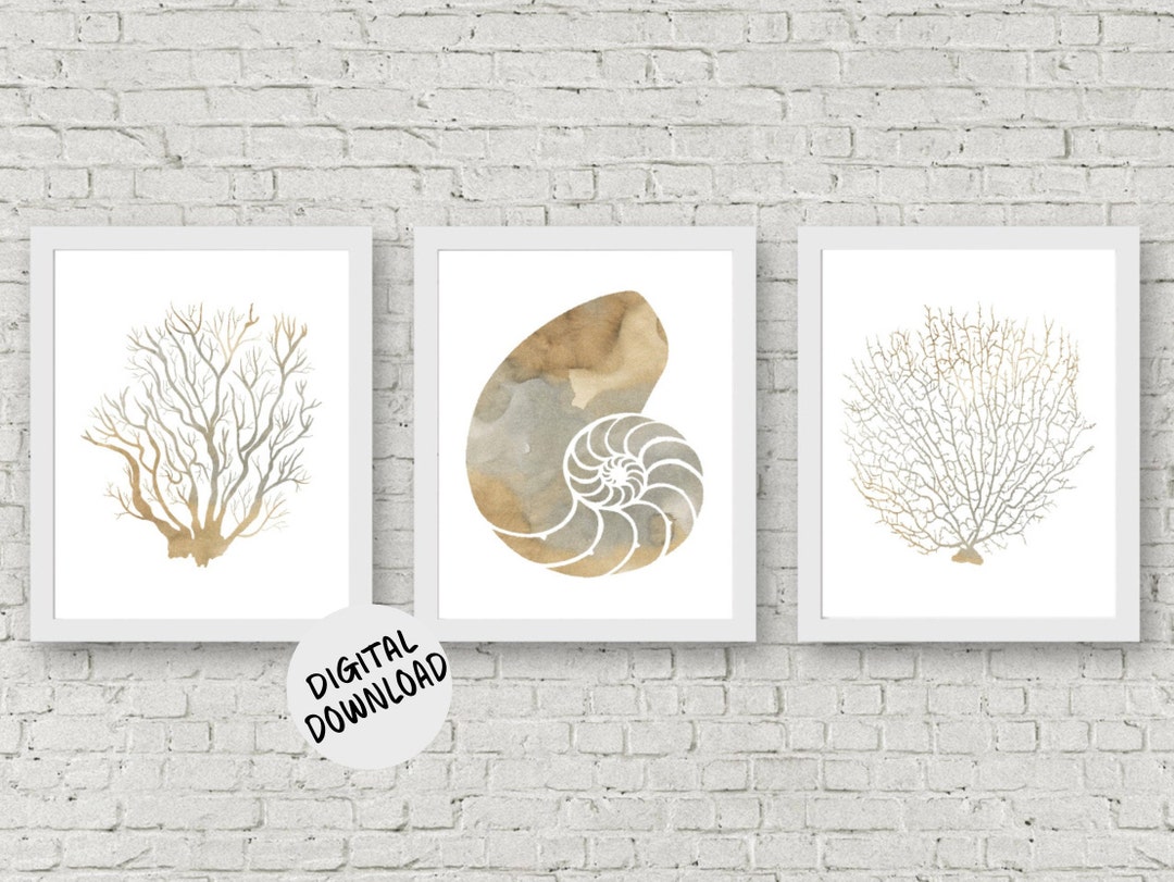 Sea Life Set of 3 Art Prints - Printable Watercolor Nautilus / Sea Coral / Fan Coral Wall Art ...