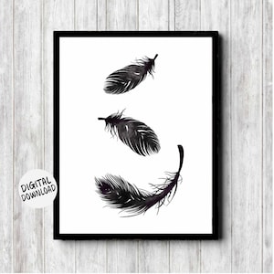printable wall art of three black watercolor feathers that looks like they are falling