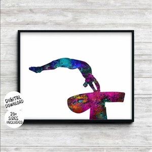 Womens Gymnastics Print Watercolor, Vault Artistic Gymnastics Girls Room Decor, Printable Female Gymnast Sport Poster, Colorful Wall Art