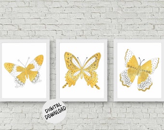 Yellow & Grey Set Of 3 Art Prints - Printable Nursery / Girls Room Watercolor Butterfly Wall Art - Bathroom Wall Decor