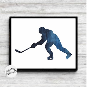 Watercolor Ice Hockey Player Wall Art - Printable Sports Teen Boys Room Decor - Athlete Silhouette Poster