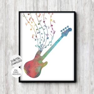 Bass Guitar Poster For Teen Room Or Dorm Room Decor - Watercolor Music Theme Wall Art - Guitarist Gift For Music Teacher Or Student Digital