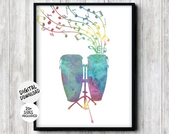Conga Drums Silhouette With Music Notes Printable Poster - Music Theme Decor - Colorful Watercolor Percussion Instrument - Teen Wall Art