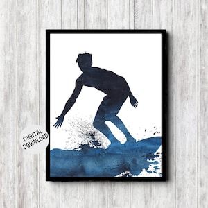 Surfer Dude Printable Wall Art - Watercolor Surfing Man Print - Dark Blue Teen / Boy Room Decor - Sport Gift For Boyfriend /Him
