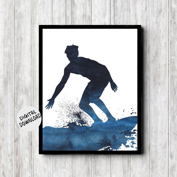 Surfer Dude Printable Wall Art - Watercolor Surfing Man Print - Dark Blue Teen / Boy Room Decor - Sport Gift For Boyfriend /Him