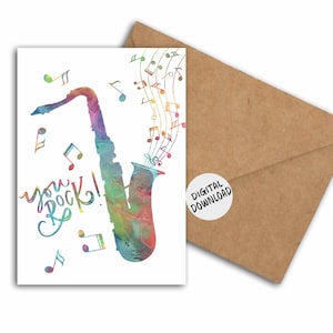 Druckbare You Rock Pun Karte mit Saxophon & Musiknoten - Liebe / Wertschätzung / Anerkennungskarte für Saxophonspieler / Musiker / Musiklehrer