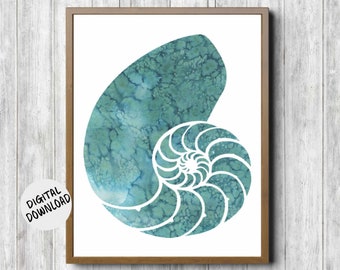 Aquarel nautilusschelp kunst aan de muur - afdrukbare zee leven kwekerij / kinderkamer poster - groenblauw muur decor - strand/zee thema badkamer