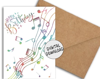 Gelukkige verjaardag afdrukbare kaart voor muzikant/muziekliefhebber/leraar/student - aquarel muzieknoten - 5 x 7 pdf Gefeliciteerd kaart