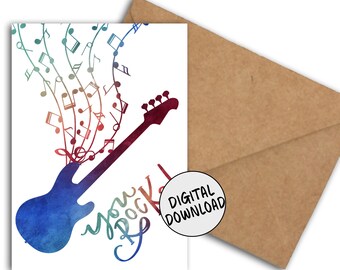 Printbare 'You Rock'-kaart voor basgitarist/leraar/leerling - Felicitatiekaart met basgitaar en muzieknoten (5x7 inch, PDF) voor bassist