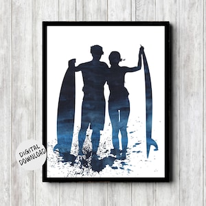 Surfer Man & Woman / Couple Printable Wall Art - Watercolor Surfing Poster Anniversary /Engagement Gift - Water Sports Wall Decor