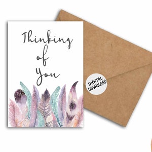 Tarjeta de pensamiento imprimible en usted - Tarjeta de plumas de acuarela Boho - Tarjeta de aliento / apoyo emocional - Tarjeta de condolencia para ella / Mujer